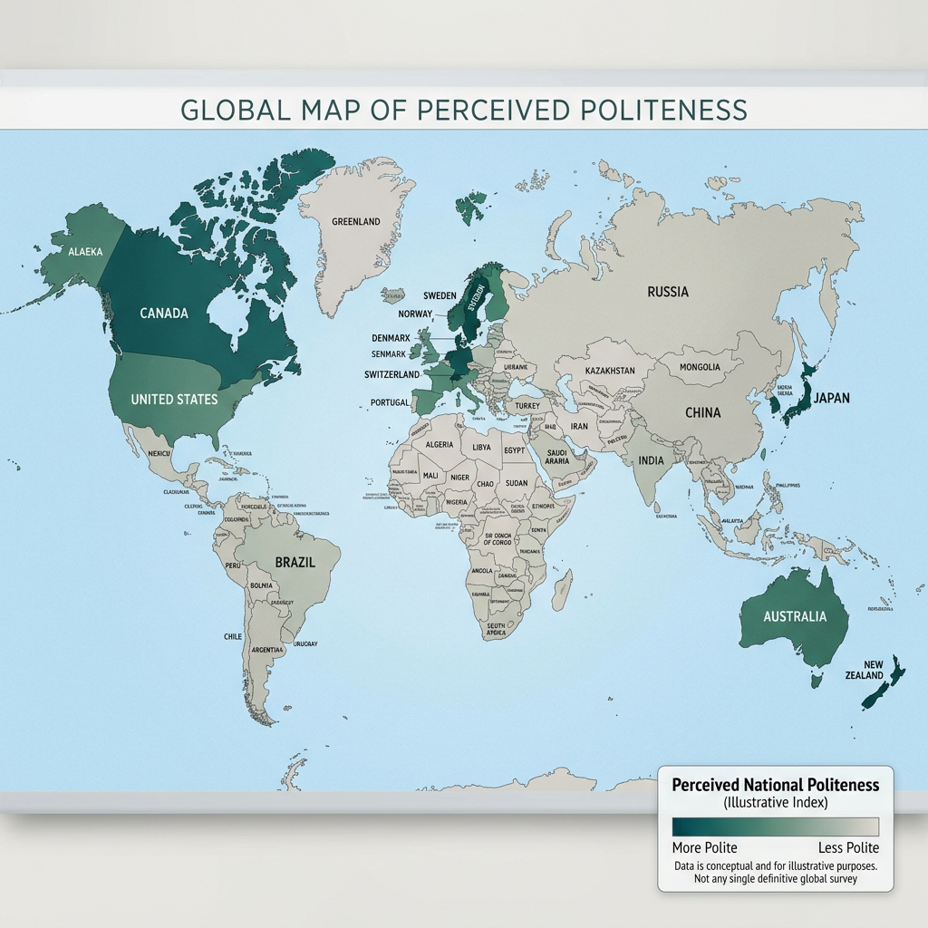 Global map displaying perceived politeness by country with color scale